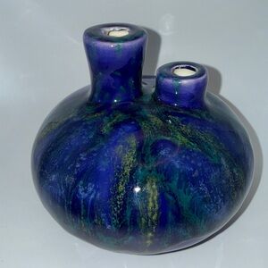 Vintage Latterman MCM Double Spout Blue and Green Glaze Ceramic Bud Vase Signed